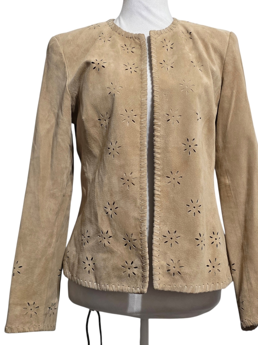 Kate Hill Beige Suede Leather Laser Cut Jacket Blazer Boho Western Open Front 4P